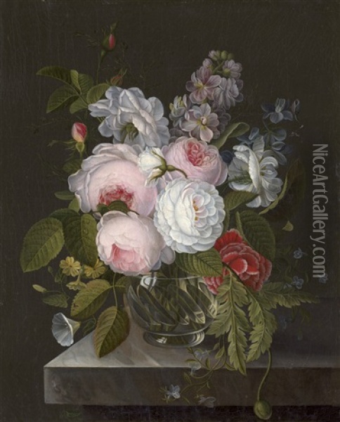 Blumenbouquet In Einer Kristallvase Auf Einem Tisch Oil Painting - Gottfried Wilhelm Voelcker