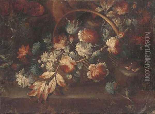A basket of flowers on a ledge in a clearing Oil Painting - dei Fiori (Nuzzi) Mario