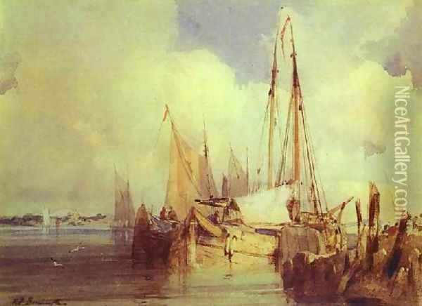 French River Scene With Fishing Boats Oil Painting - Richard Parkes Bonington
