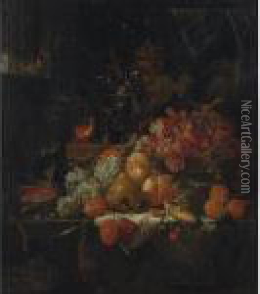 Still Life With Grapes, Fruit, Corn And A Bird Oil Painting - Abraham Mignon