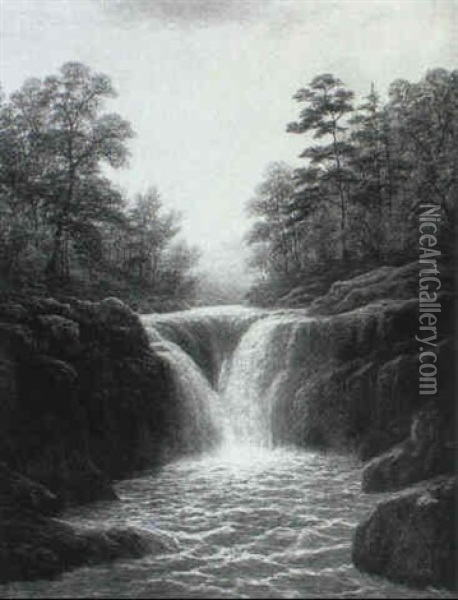 Skelwith Force In Flood, Westmoreland Oil Painting - William Mellor