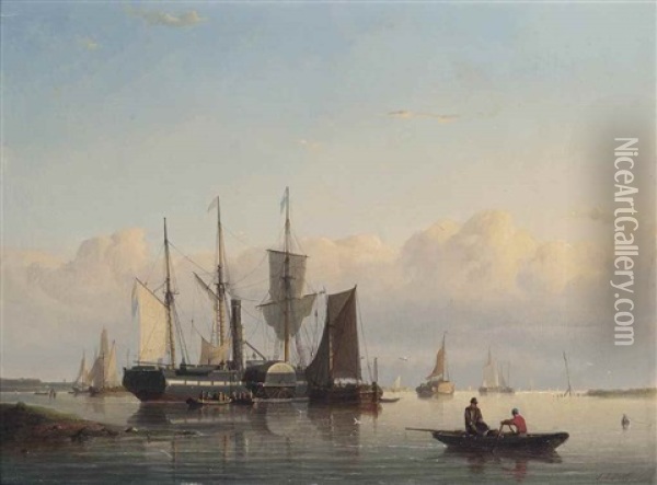 A Paddle Steamer Lying Offshore And Embarking Her Passengers Prior To Sailing Oil Painting - Johan Adolph Rust