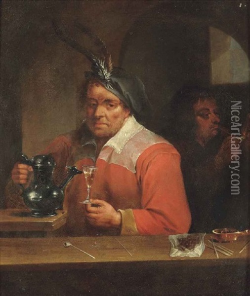 A Tavern Interior With A Man Holding A Wine Glass, And Another Smoking A Pipe Oil Painting - Melchior Brassauw