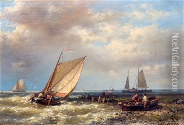 Dutch Fishing Barges Heading Offshore In A Choppy Sea Oil Painting - Abraham Hulk the Elder