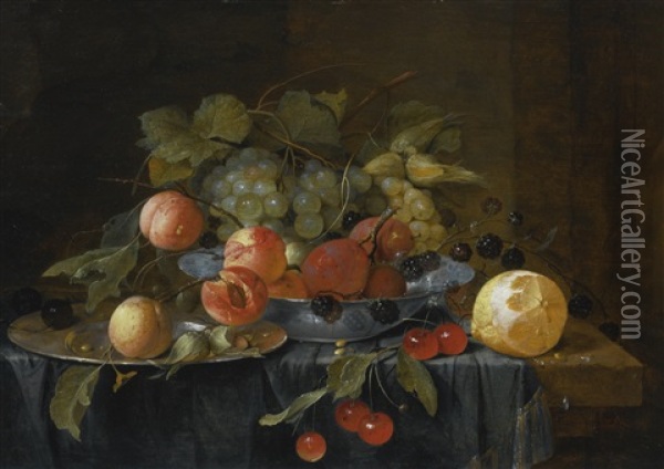 Still Life Of Fruit On A Pewter Plate And In A Wan-li Krak Porcelain Bowl, A Partially Peeled Lemon And A Sprig Of Cherries On A Table Draped With A Gold-hemmed Cloth Oil Painting - Jan Davidsz De Heem