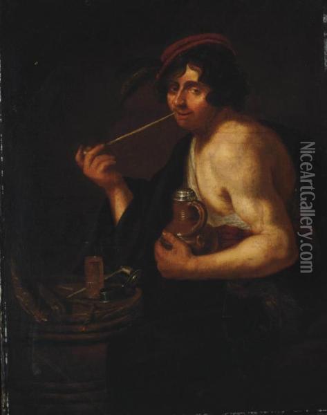A Man Smoking, Holding An Earthenware Jar In His Left Hand Oil Painting - Jan Cossiers