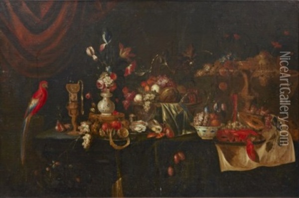 Stilleben Med Frukter, Blommor, Skaldjur Och Faglar Oil Painting - Jan Pauwel Gillemans the Younger