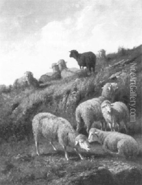 A Flock Of Sheep On The Hillside Oil Painting - Louise J. Guyot
