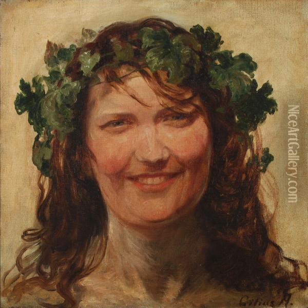 Portrait Of A Young Woman With Wine Leaves Wreath Oil Painting - Cilius Andersen