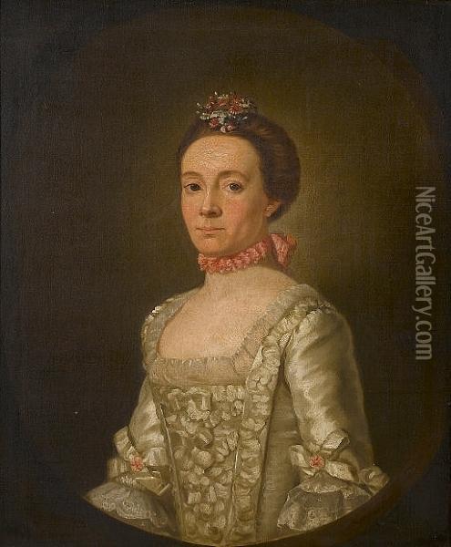 Portrait Of A Lady, Said To Be 
Jean Chanceller, Bust-length, In A White Dress With A Pink Ribbon Around
 Her Neck And Flowers In Her Hair, In A Painted Oval Oil Painting - Allan Ramsay