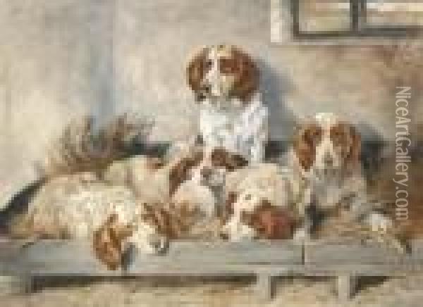 Five Clumber Spaniels Oil Painting - John Emms