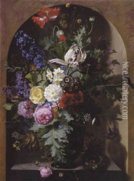 Brogede Blomster I Vase I En Niche. Ved Vasens Fod En Rede Med Aeg Oil Painting - Otto Didrik Ottesen