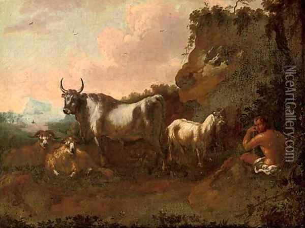 A mountainous landscape with a shepherd and his flock Oil Painting - Philipp Peter Roos