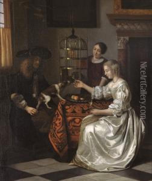 Jeune Femme Nourrissant Son Perroquet Oil Painting - Pieter De Hooch