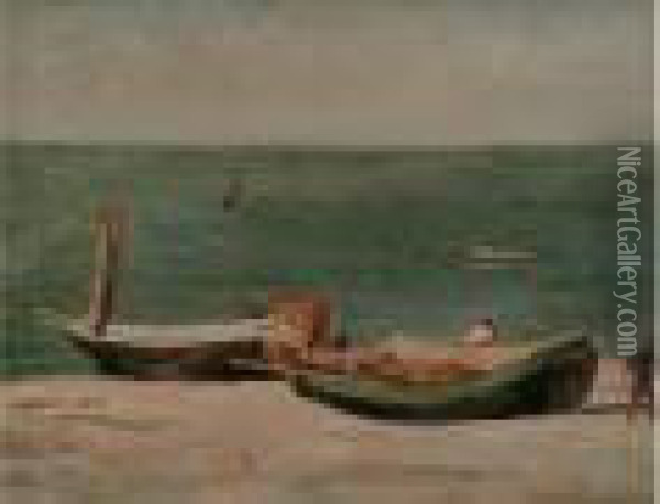 Deux Barques Et Pecheurs Sur La Plage, Etretat Oil Painting - Paul Huet