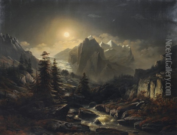 Mountain Landscape By Night Oil Painting - Jacob Johann Verreyt