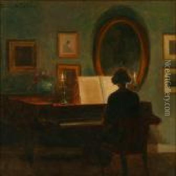 Interior With A Woman Playing Piano Oil Painting - Poul Friis Nybo