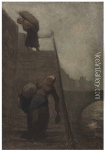Les Laveuses Du Quai D'anjou (les Blanchisseuses-les Laveuses Sur L'escalier) Oil Painting - Honore Daumier