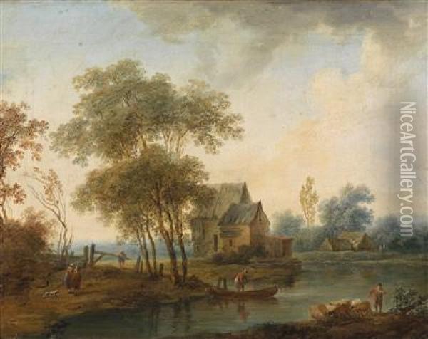 A Landscape With A Farmhouse By A River Oil Painting - Johann Christian Brand