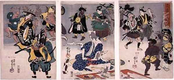 Otsu e Paintings Coming Alive Triptych Oil Painting - Utagawa Kuniyoshi