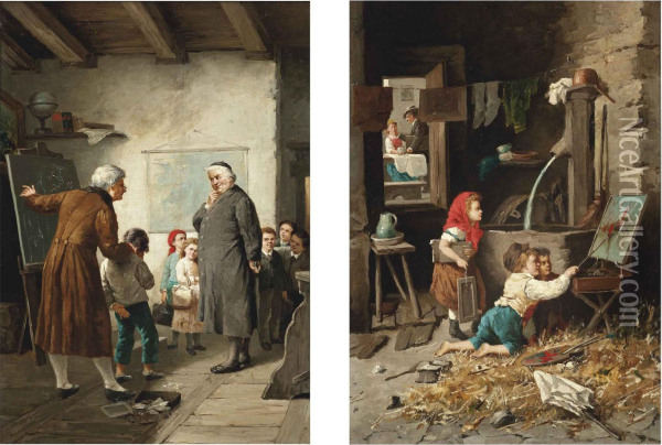 Inappropriate Schoolroom Pursuits; And The Budding Artists Oil Painting - Francesco Bergamini