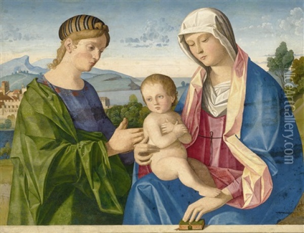 The Madonna And Child With A Female Saint Before A Parapet, A Landscape Beyond Oil Painting - Vincenzo Catena