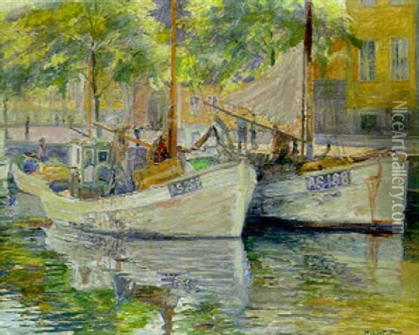 Fishing Boats Moored On A Canal Oil Painting - Robert Panitzsch