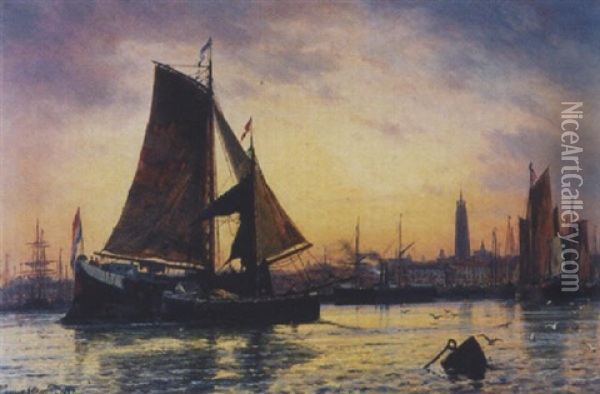 Der Hafen Von Antwerpen Mit Blick Auf Den Liebfrauendom Oil Painting - Charles Euphrasie Kuwasseg