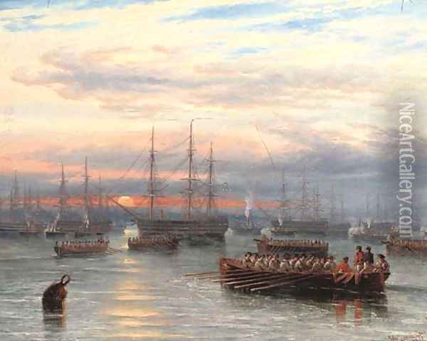 Sunrise in the Baltic off Cronstadt Oil Painting - James Wilson Carmichael