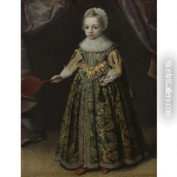 Portrait Of A Little Girl Holding A Battledore And Shuttlecock Oil Painting - Paul van Somer