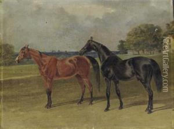 A Bay And A Black Hunter In An Extensive Landscape, Figuresbeyond Oil Painting - Benjamin Herring, Jnr.