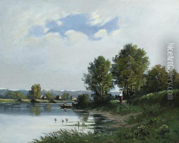 River Landscape Oil Painting - Ciceri, Eugene