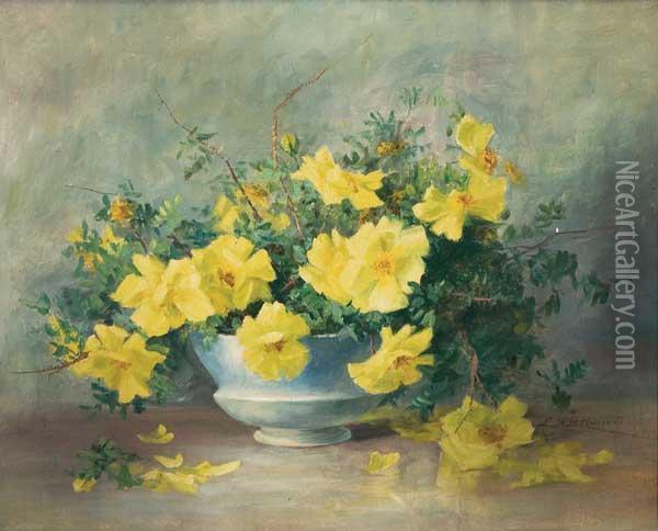Yellow Flowers On A Tabletop Oil Painting - Lydia Mariah Brewster Hubbard