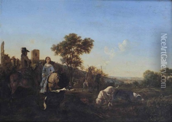 An Italianate Landscape With Elegant Figures On Horseback And Beaters With Hunting Dogs Near The Ancient Ruins Of Trofeo Di Mario, Herdsmen With Their Cattle Beyond Oil Painting - Ludolf de Jongh