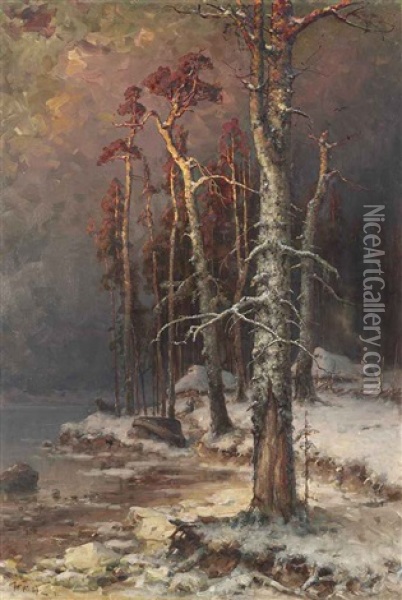 Winter In The Forest Near Lake Peipus Oil Painting - Yuliy Yulevich (Julius) Klever