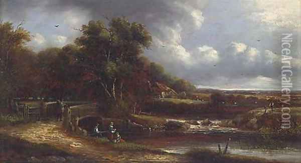 Figures by a river, a landscape beyond Oil Painting - John Anthony Puller