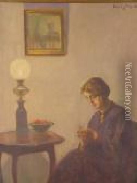 Woman Knitting In Aninterior Oil Painting - Poul Friis Nybo