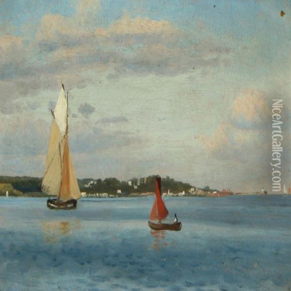 Sailing Boats Alongthe Coast Of Sealand Oil Painting - Christian Vigilius Blache