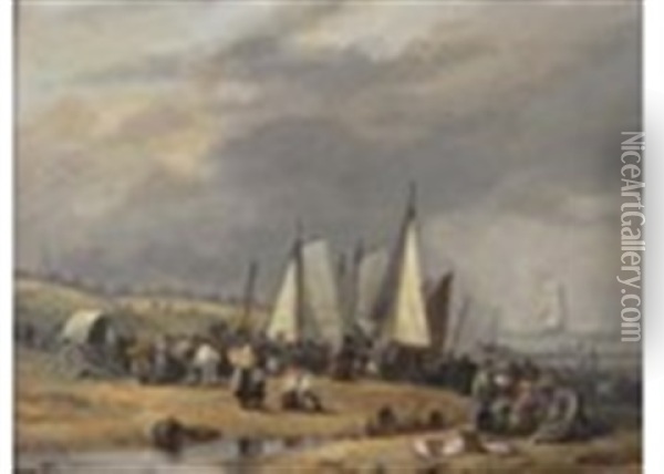 Coastal Scene At Low Tide With Numerous Fishermen On A Beach Oil Painting - Thomas Luny