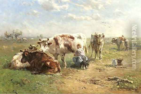 Milking the cows Oil Painting - Henry Schouten