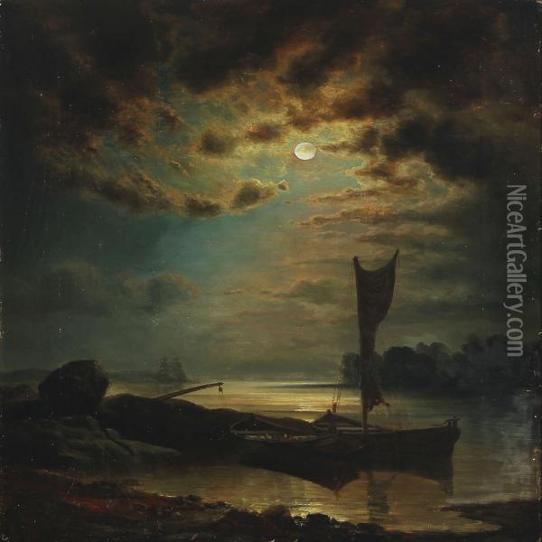 Seascape With Ships At Sea In The Moonlight Oil Painting - Hans Emil A. Jahn