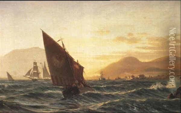 Marine Med Skibe Ud For Kysten, Middelhavet Oil Painting - Christian Frederic Eckardt