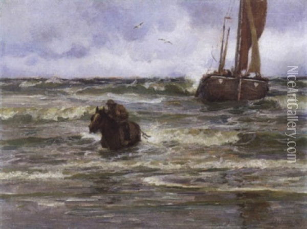 Het Binnenhalen Van De Boot (katwijk) Oil Painting - Edgard Farasyn