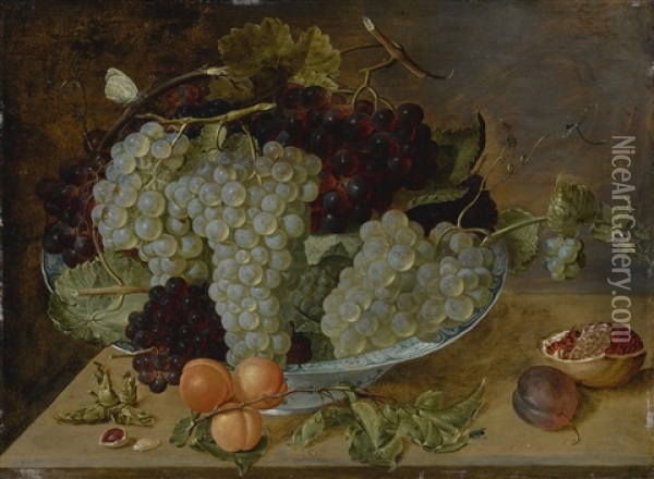 Still Life Of Grapes, Peaches, And A Pomegranate On Stone Ledge Oil Painting - Isaac Soreau