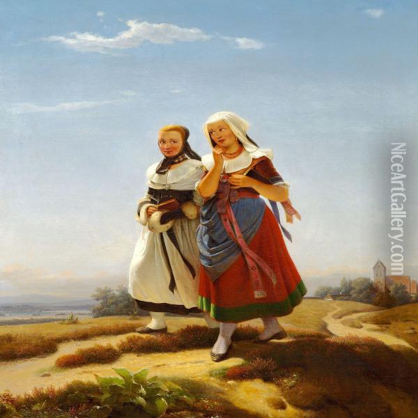 Die Kirchengangerinnen Oil Painting - Carl Julius Hermann Schroder