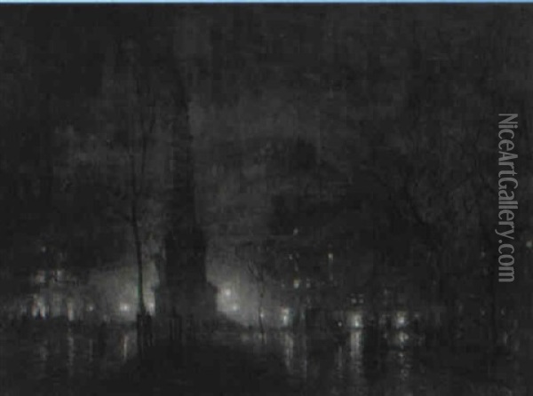 Columbus Circle At Night Oil Painting - Paul Cornoyer