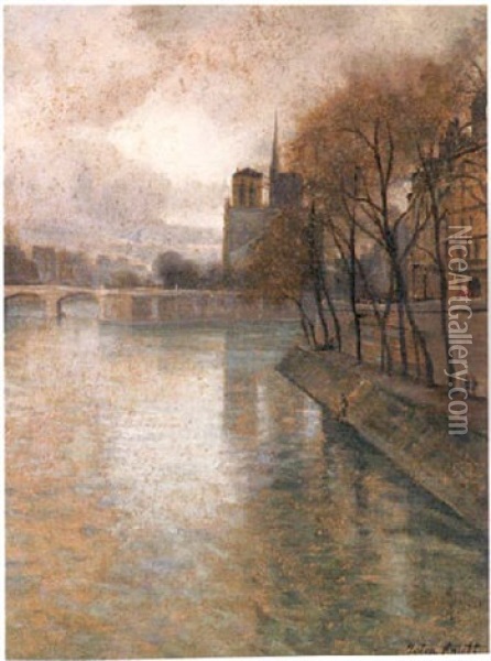 Parisian Scene: Looking Down The Seine Towards Notre Dame Oil Painting - Louis Aston Knight