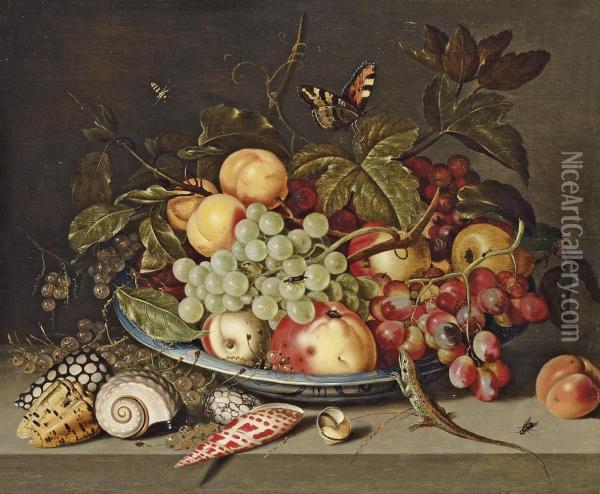 Peaches, Grapes, A Pear, And White Currants In A Wan-li Kraakporcelain Dish, With Shells, A Lizard And A Butterfly On Aledge Oil Painting - Ambrosius the Younger Bosschaert