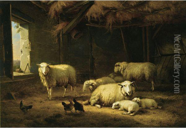Sheep And Chickens In A Barn Oil Painting - Eugene Joseph Verboeckhoven