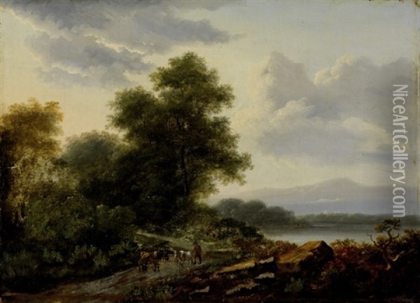 Landschaft Mit Hirt Und Zwei Kuhen Oil Painting - Lazare (Eleazard) Bruandet